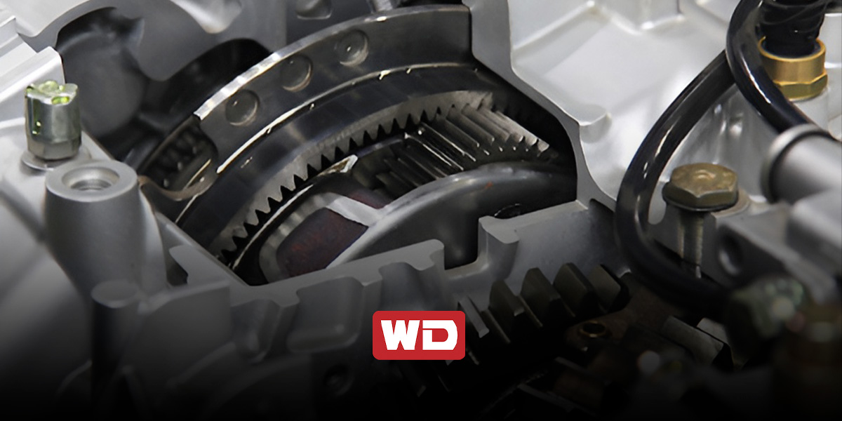 close up of a gear with a red wd logo in the corner